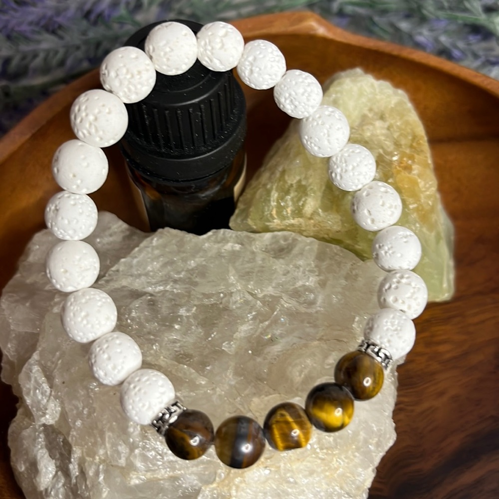 NEW Tigers Eye Essential Oil Diffuser Bracelet White Natural Lava stone